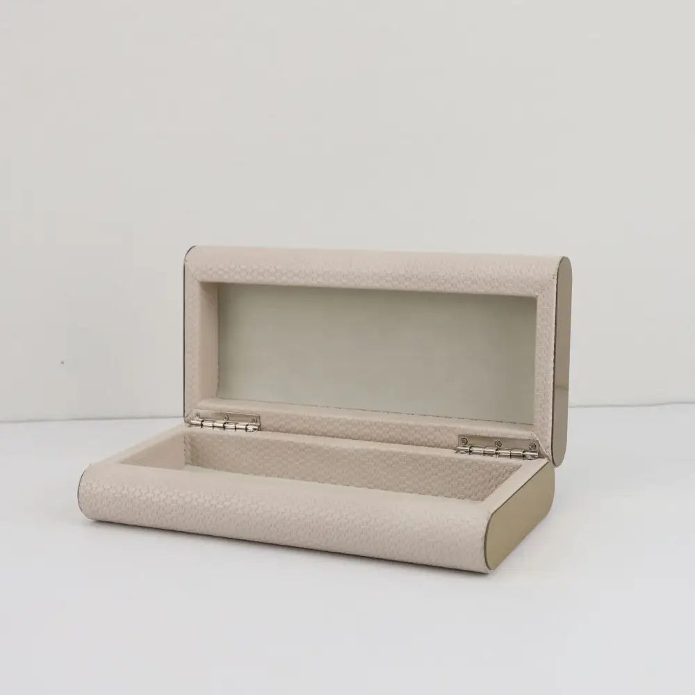 Beige leather jewelry box storage container bedroom silver hinges