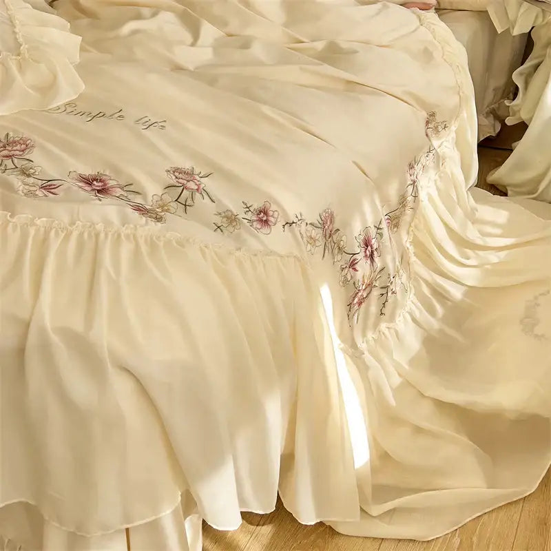 Beige pink lace embroidery bedding set – bedroom floral duvet cover