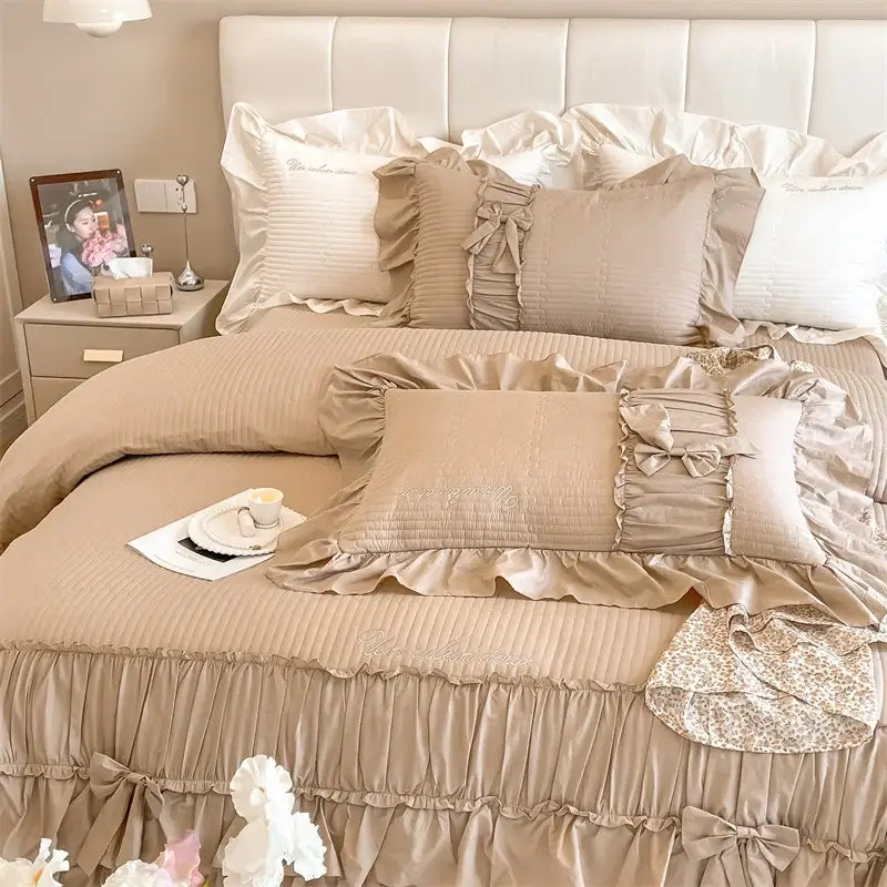 Beige ruffled cake layers cotton duvet set bedroom quilted bedding