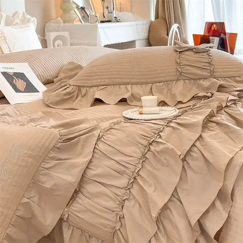 Beige ruffled cake layers cotton duvet set bedroom quilted bedding