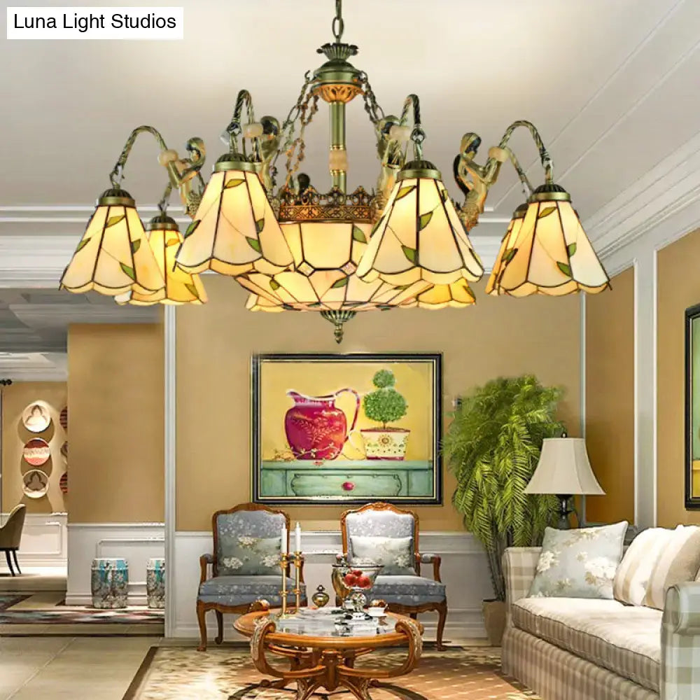 Beige Tiffany Glass Pendant Chandelier