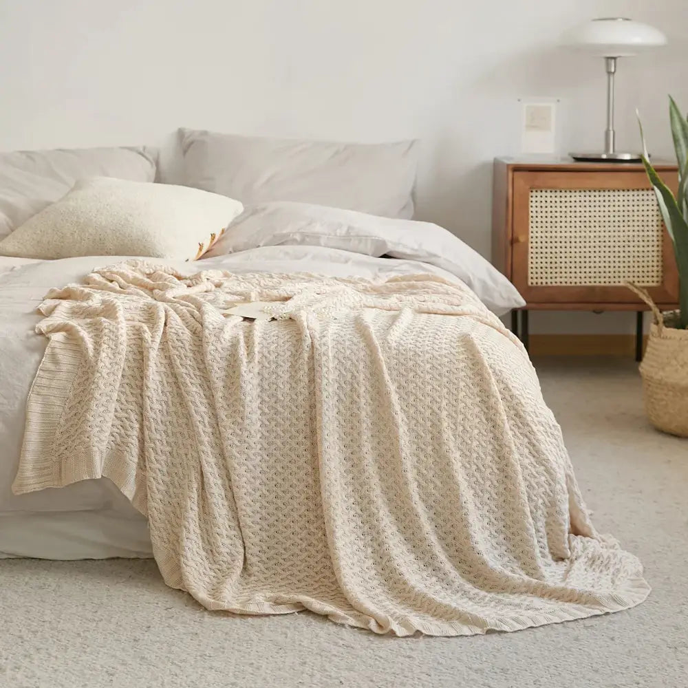 Beige & wine knitted bamboo cool summer air conditioning blanket bedroom
