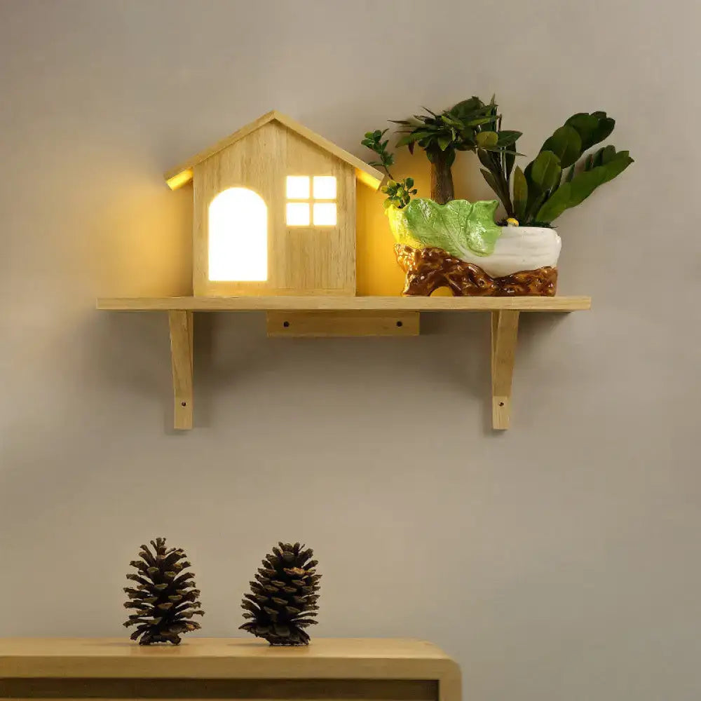 Beige wooden house wall sconce with storage shelf and warm white light