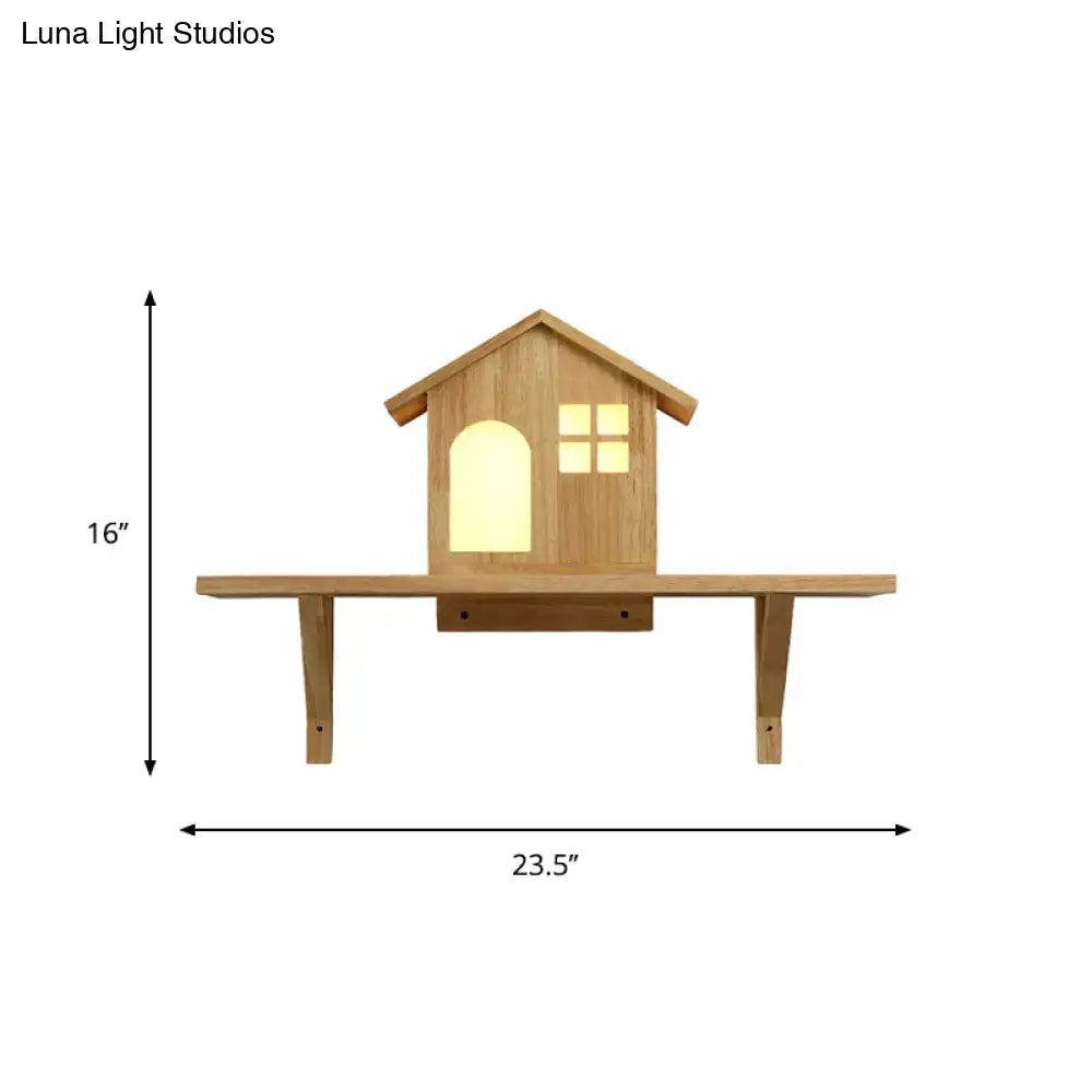 Beige wooden house wall sconce with storage shelf and warm white light