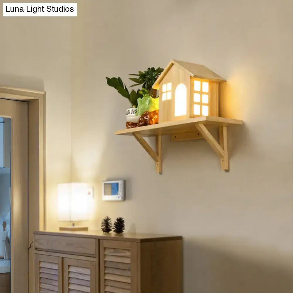 Beige wooden house wall sconce with storage shelf and warm white light