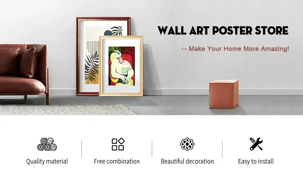 Framed abstract art poster from DecorBites featuring a stylized figure in green yellow and red with tree lake sunset colors