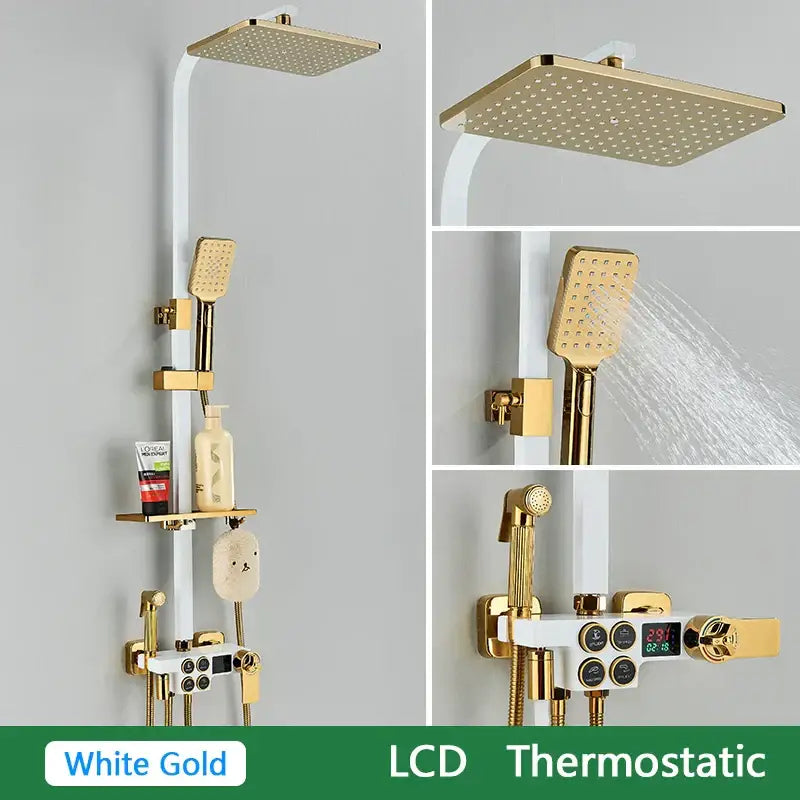 Black and gold decorbites brass lcd thermostatic shower set bathroom