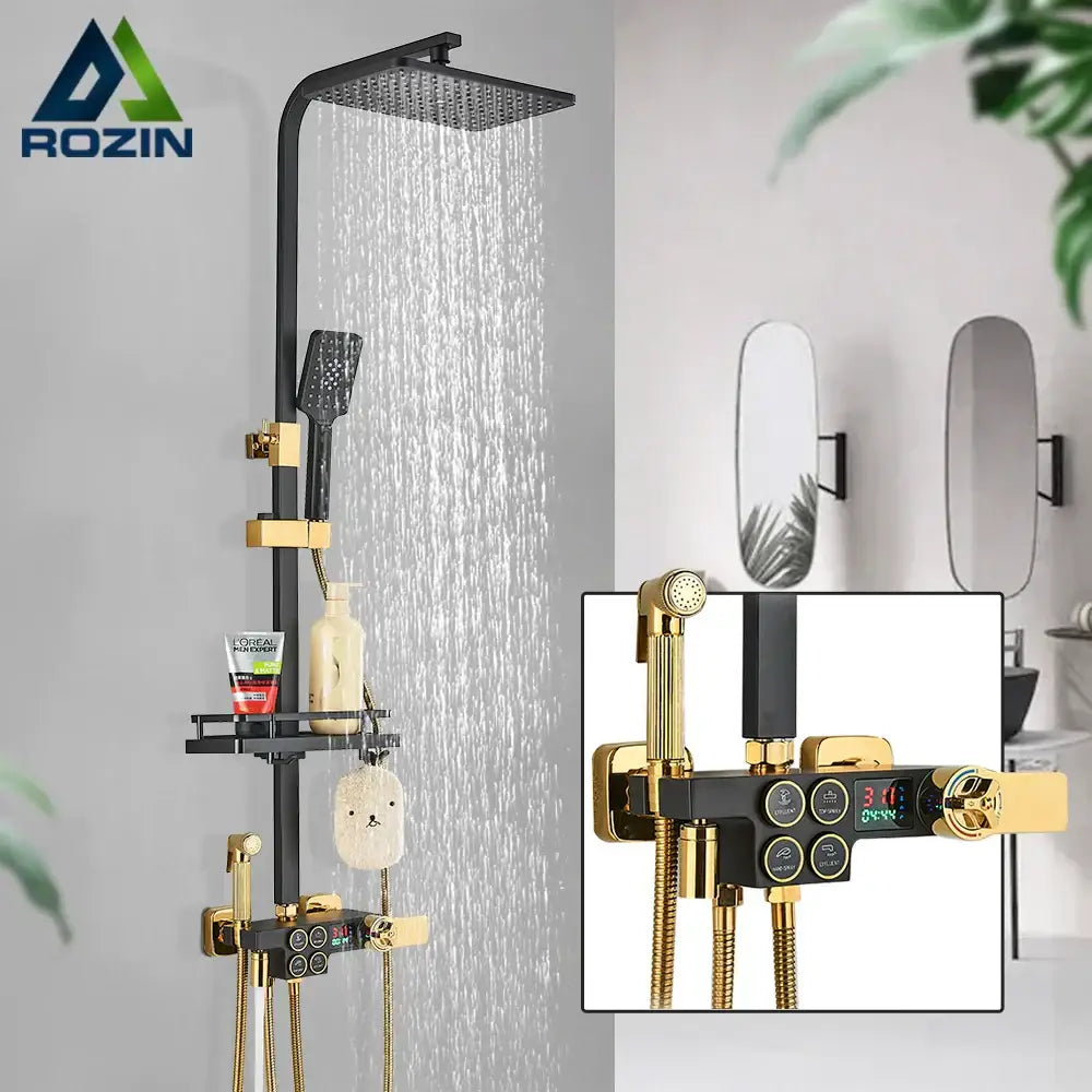Black and gold decorbites brass lcd thermostatic shower set bathroom