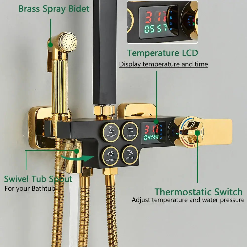 Black and gold decorbites brass lcd thermostatic shower set bathroom