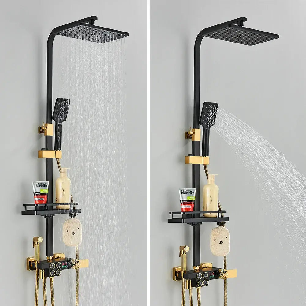 Black and gold decorbites brass lcd thermostatic shower set bathroom