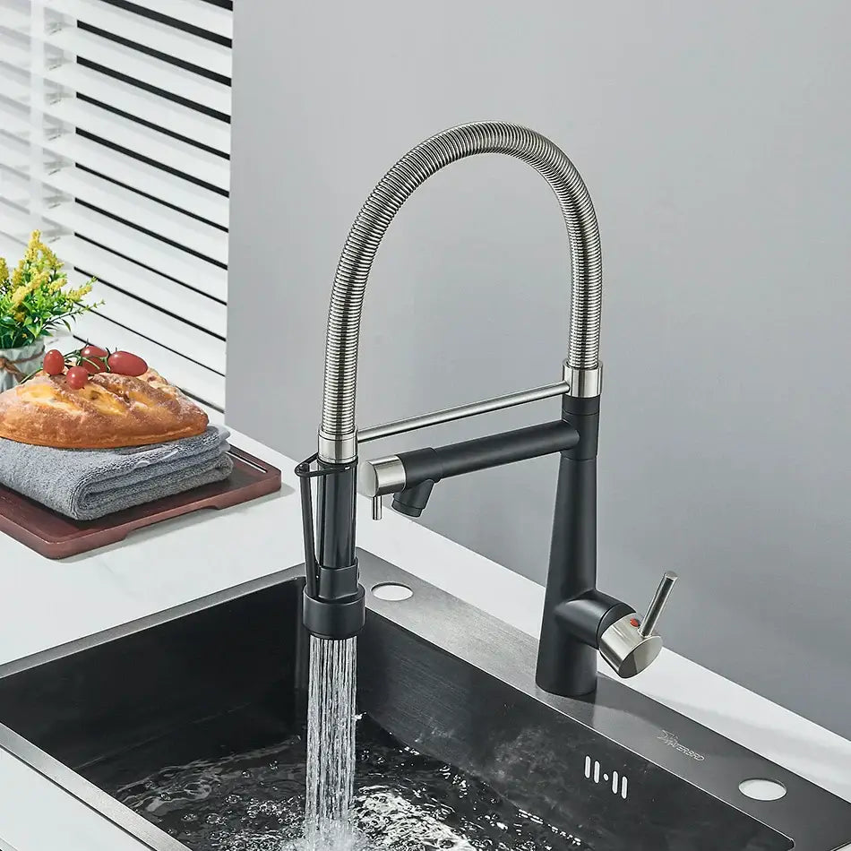 Black and stainless steel kitchen faucet with flexible spout