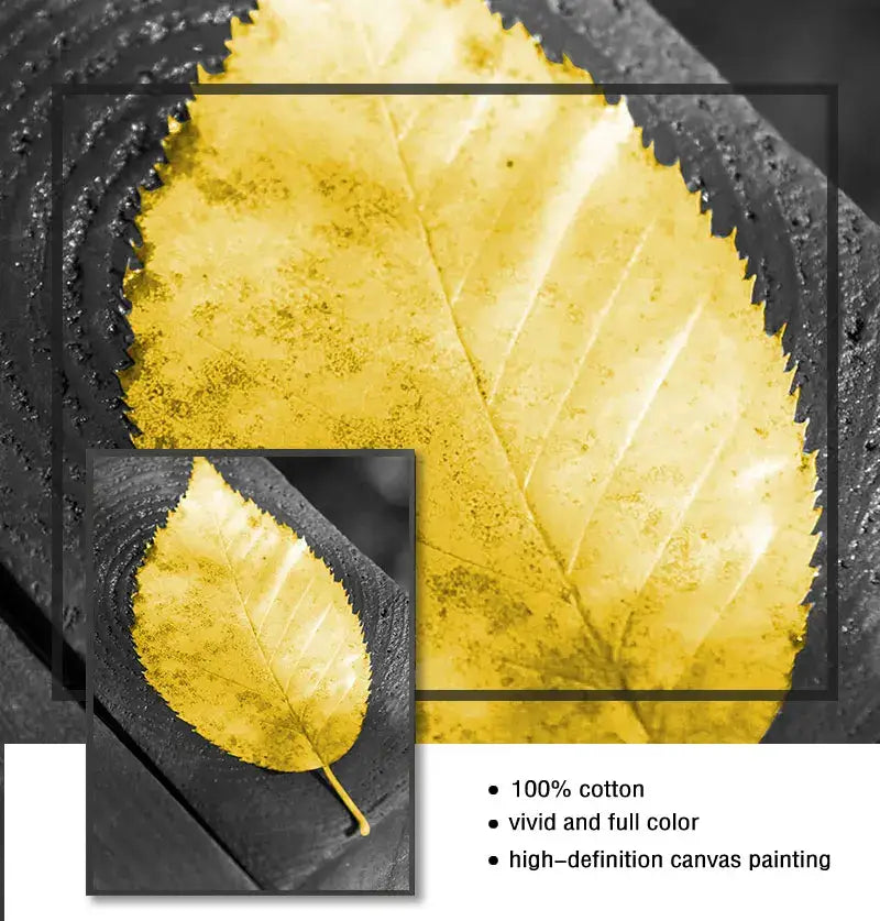 A vibrant yellow leaf printed on 100 percent cotton canvas in the DecorBites™ black and white nordic landscape canvas set