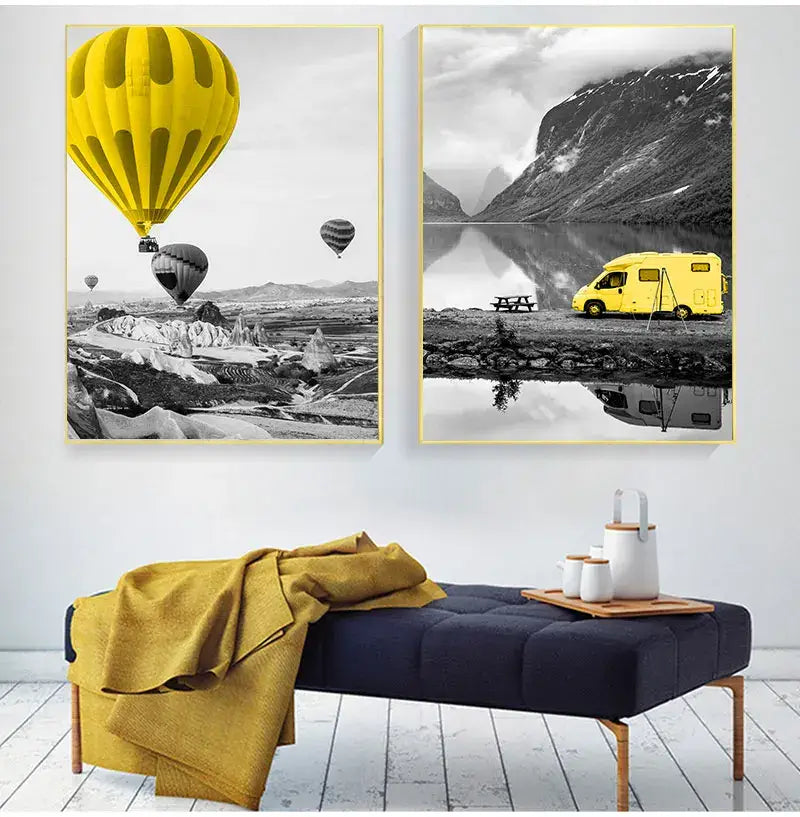 Decorbites yellow hot air balloon canvas print with white nordic landscape background in black and white nordic landscape canvas set