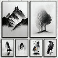 Set of six black and white mountain tree minimalist art prints by decorbites featuring ink wash landscapes with peaks and trees