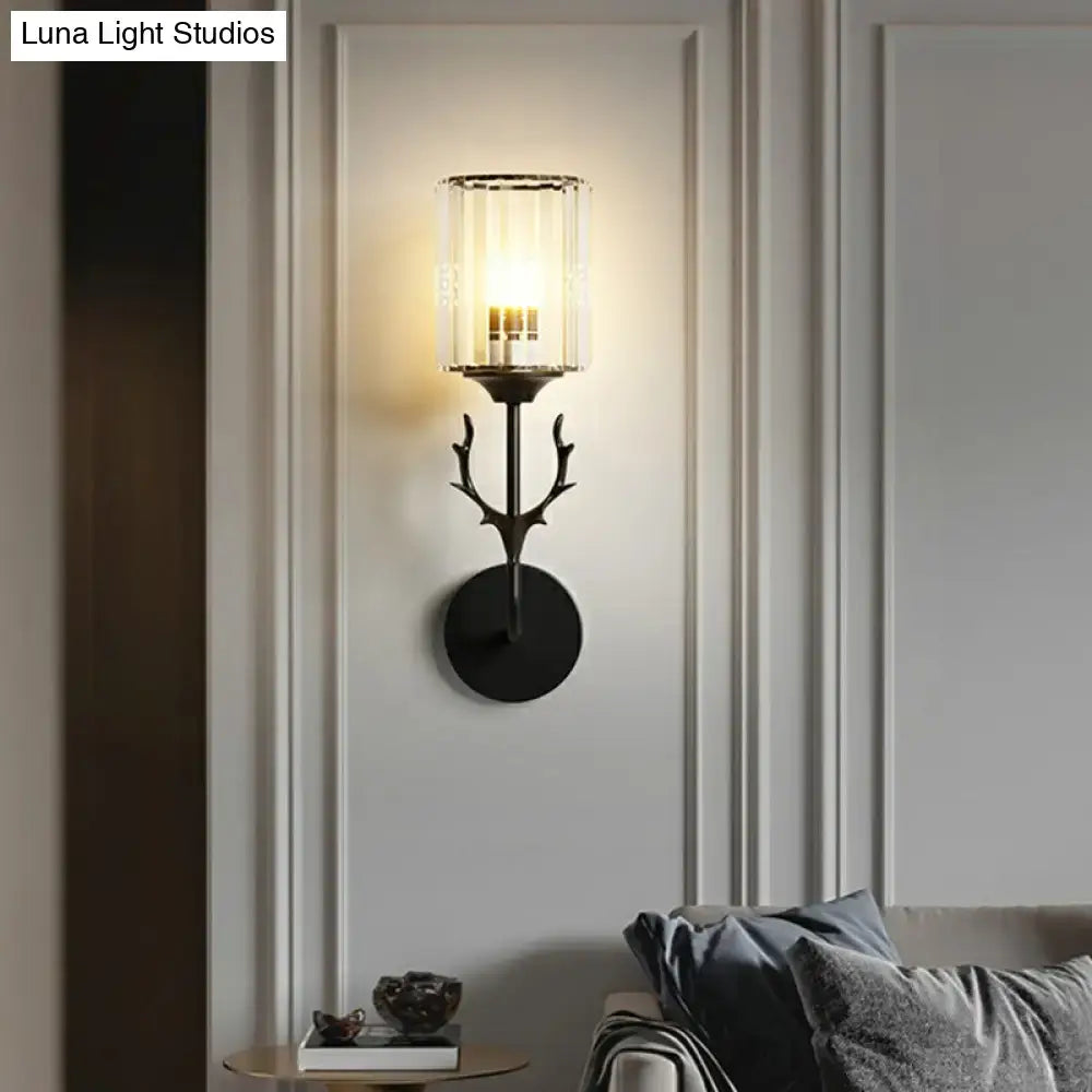 Black antler crystal wall sconce bedroom e26 e27 cylinder light