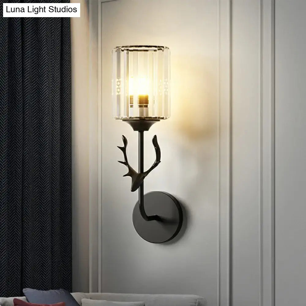 Black antler crystal wall sconce bedroom e26 e27 cylinder light
