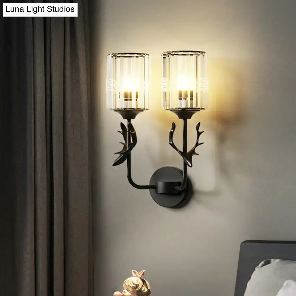 Black antler crystal wall sconce bedroom e26 e27 cylinder light