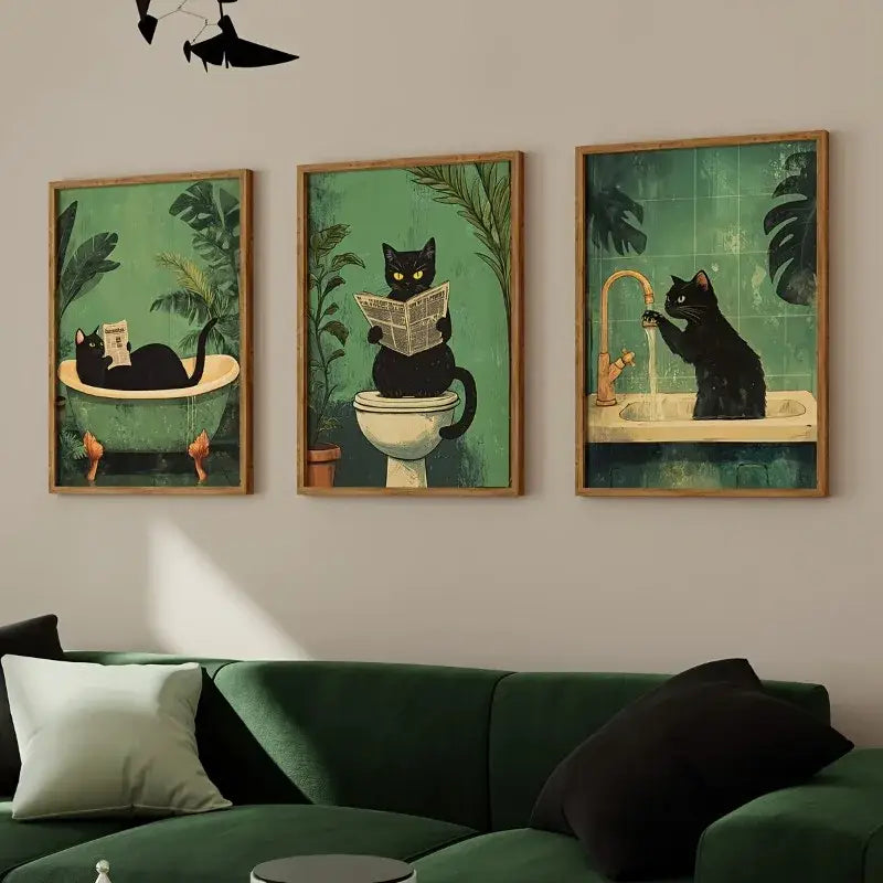 Black Cat Bathroom Wall Art Set