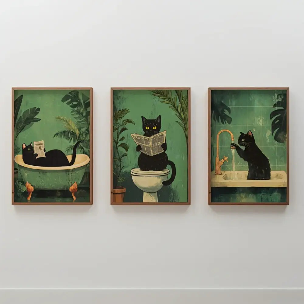 Black Cat Bathroom Wall Art Set