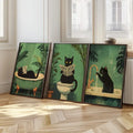DecorBites™ 3-piece wall art set featuring black cat bathroom prints with whimsical scenes on green background