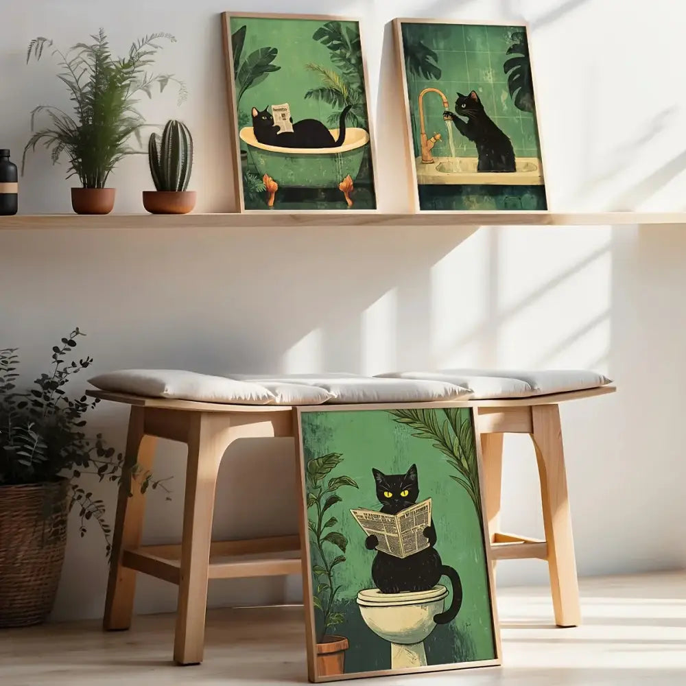 Black Cat Bathroom Wall Art Set