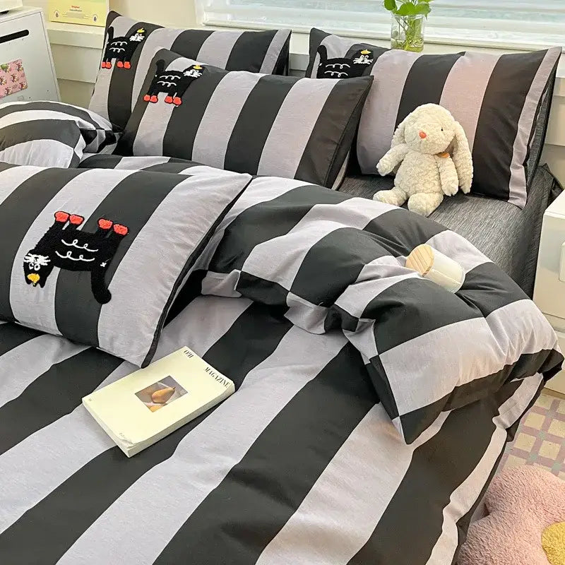 Black & gray cat embroidery stripes bedding set – bedroom bedclothes