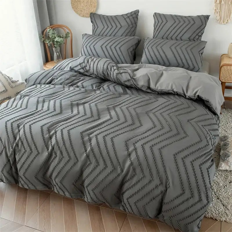 Black & gray zigzag stripe flower cut duvet cover bedroom set