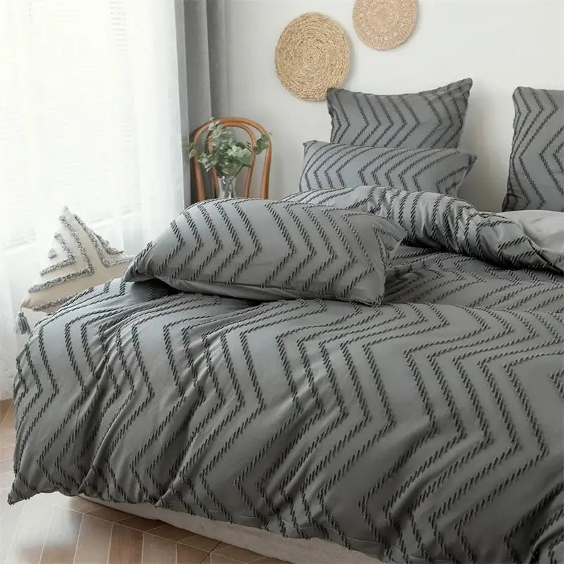 Black & gray zigzag stripe flower cut duvet cover bedroom set