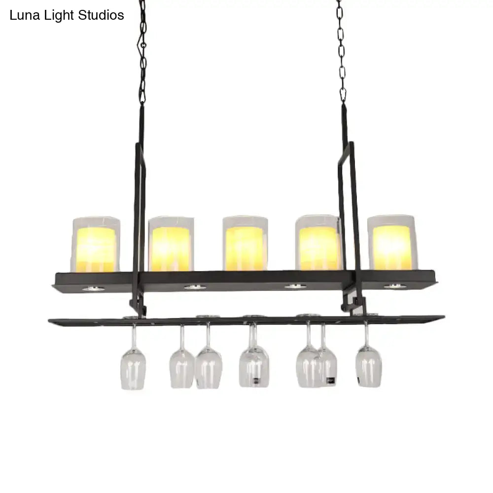 DecorBites black island light fixture with five warm candle-style lights clear glass cylindrical pendants and wine glass shelf