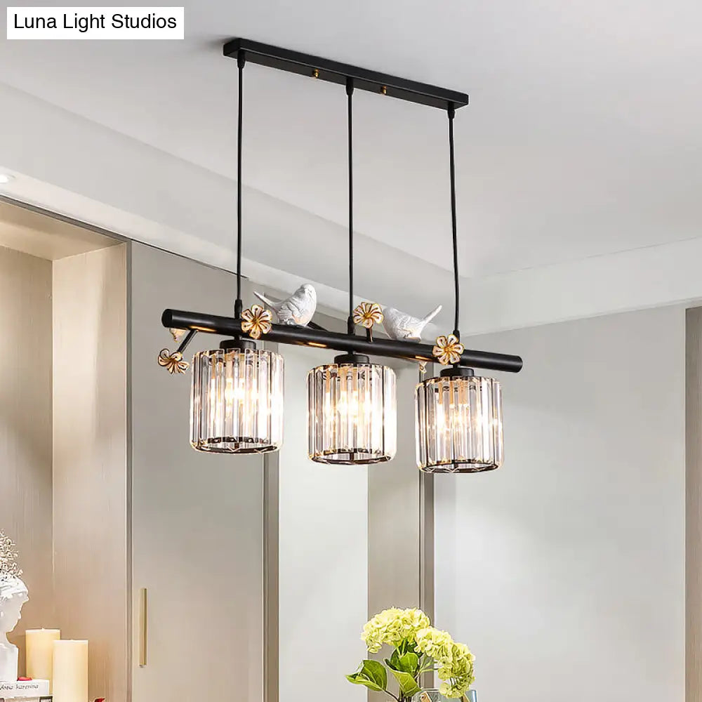 DecorBites™ Black Island Pendant Light with Clear Crystal Cylinder and Lodge Style Accents - 3 Lights, Bird and Flower Design