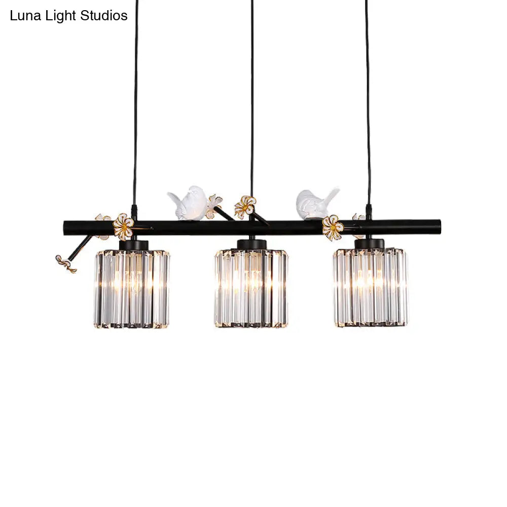 DecorBites™ Black Island Pendant Light with Clear Crystal Cylinder and Lodge Style Accents - 3 Lights, Bird and Flower Design