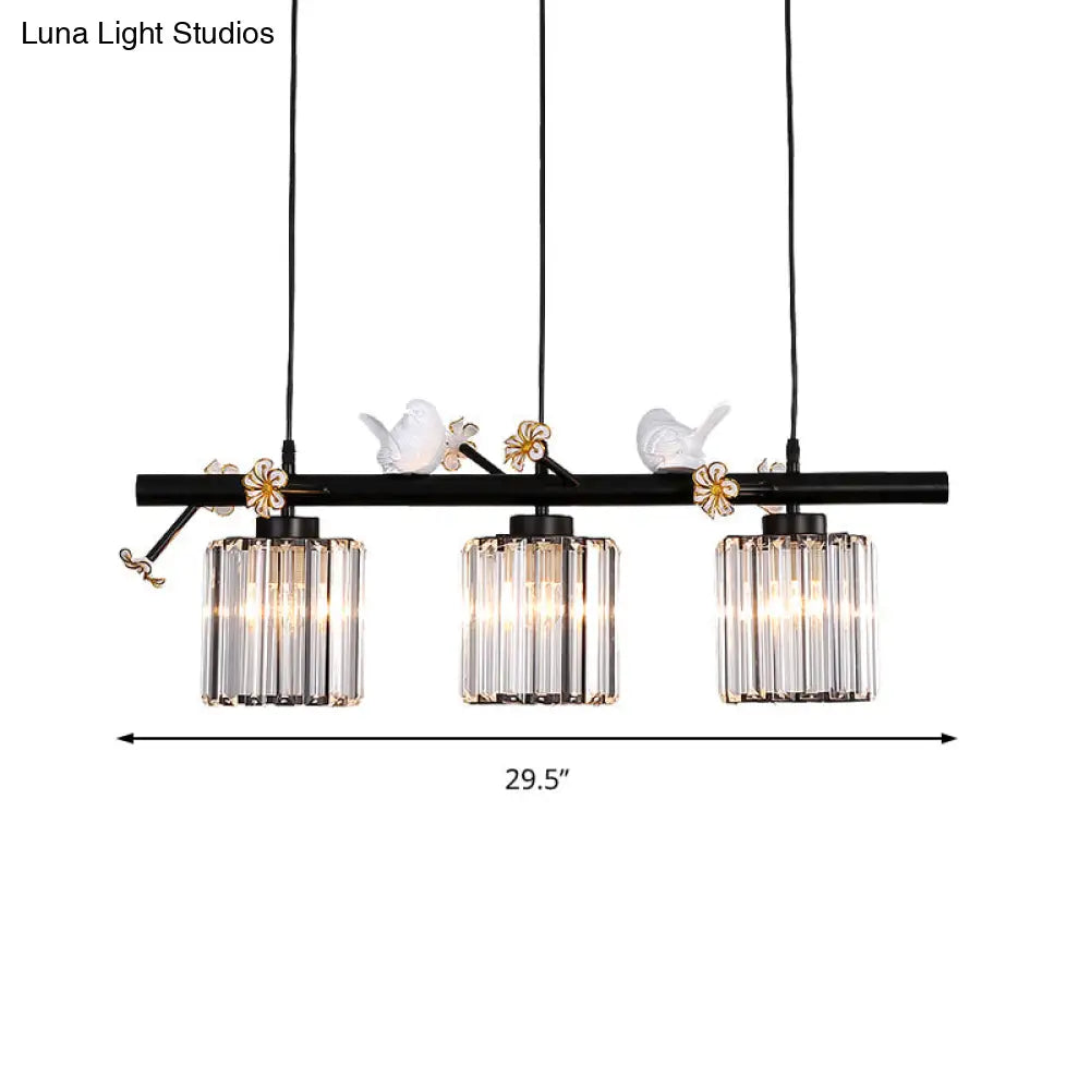 DecorBites™ Black Island Pendant Light with Clear Crystal Cylinder and Lodge Style Accents - 3 Lights, Bird and Flower Design