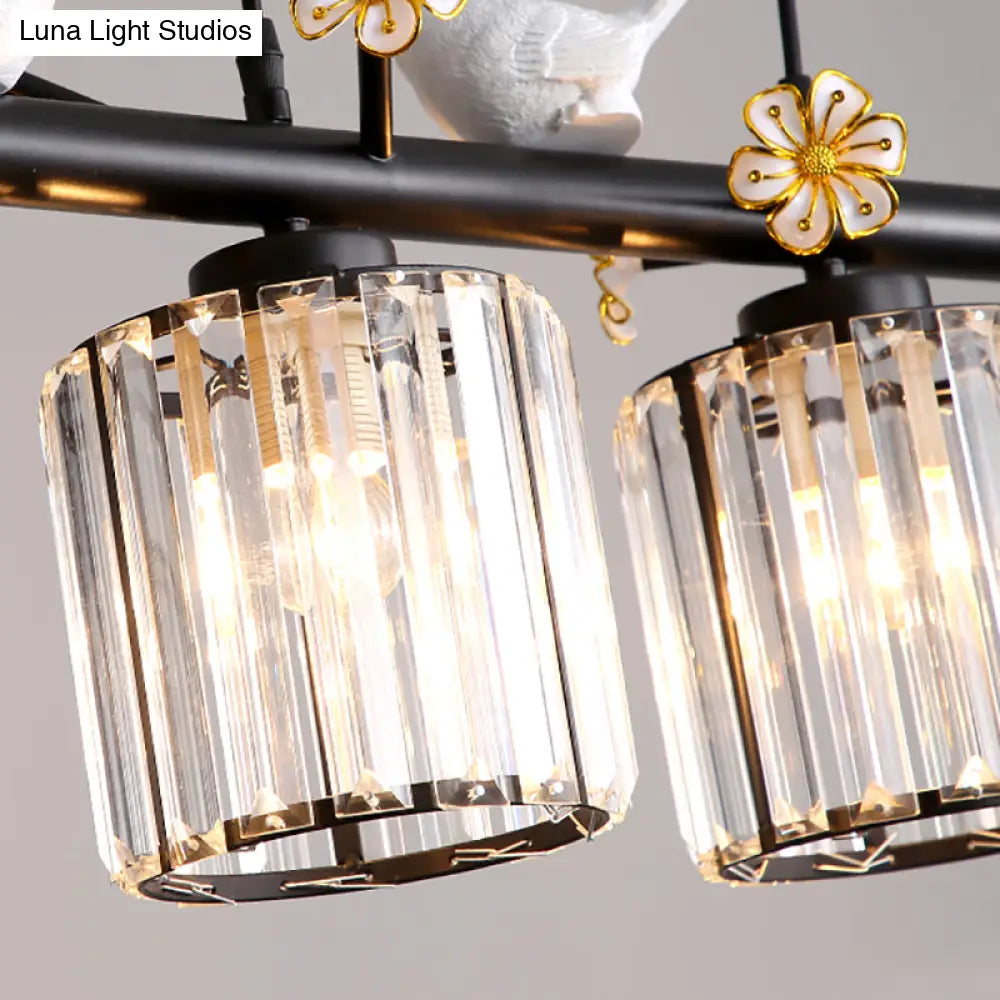 DecorBites™ Black Island Pendant Light with Clear Crystal Cylinder and Lodge Style Accents - 3 Lights, Bird and Flower Design