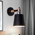 Black matte wall lamp with wooden arm, silver accent, empire shade, compatible with e26 e27 bulbs for stairs