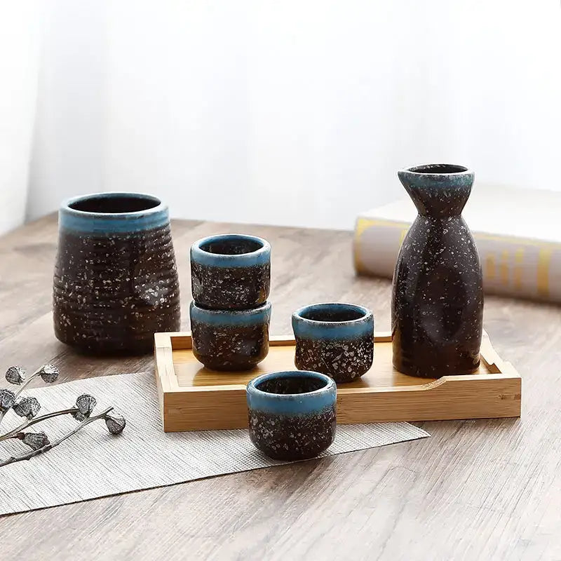Black speckled ceramic wine sake set with heater for dining room