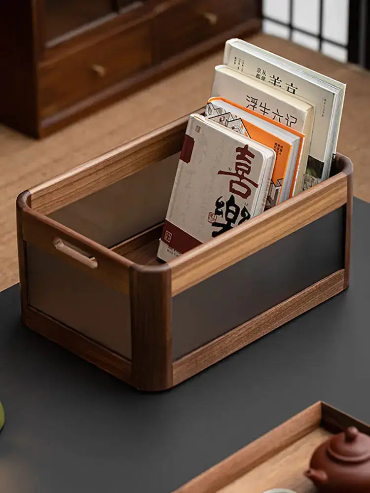 Black walnut wood desktop organizer set – office storage box