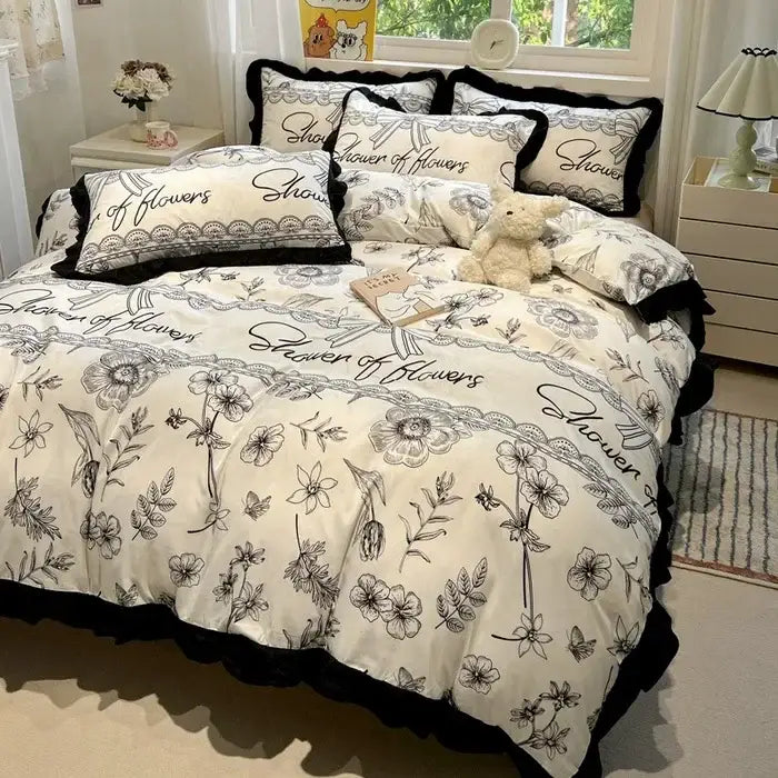 Black white printed floral ruffled bedding set bedroom linens