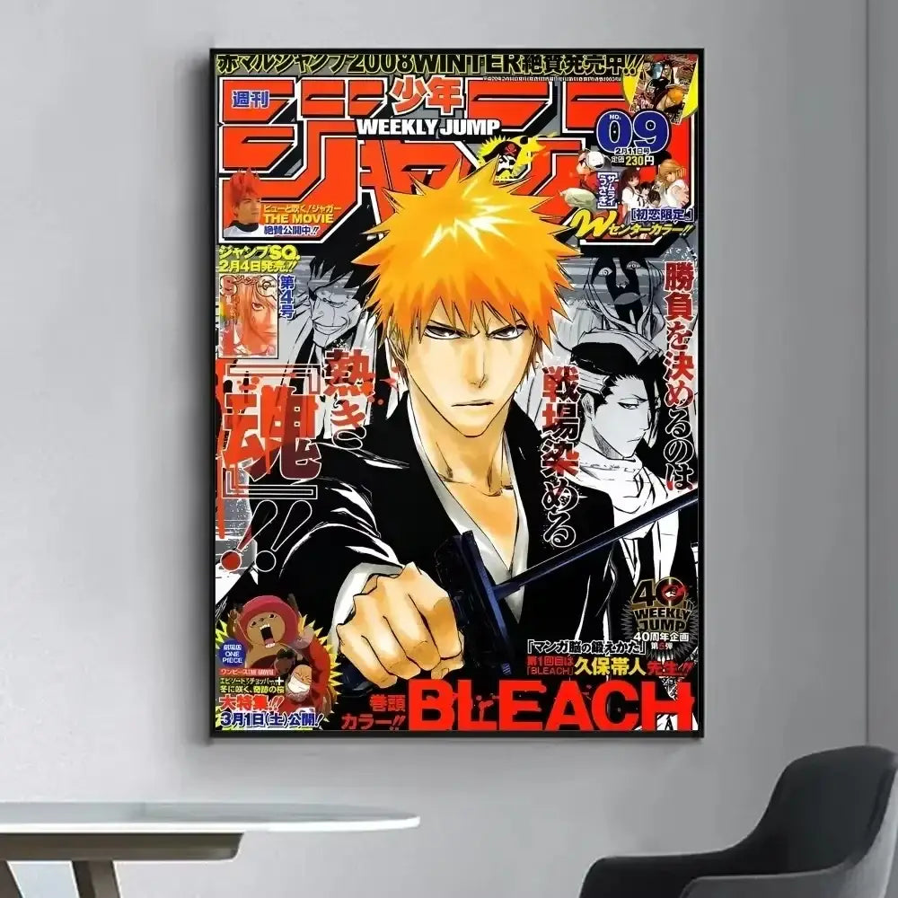 Vibrant orange-haired bleach poster with bold red and black text decorbites living room wall sticker fancy design