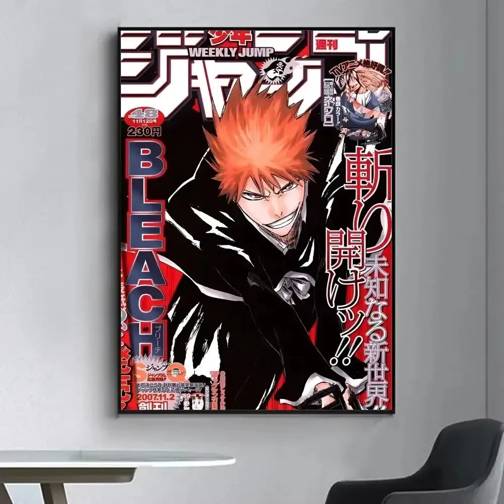 A vibrant red and black bleach poster featuring ichigo kurosaki as a living room wall sticker for vintage decor