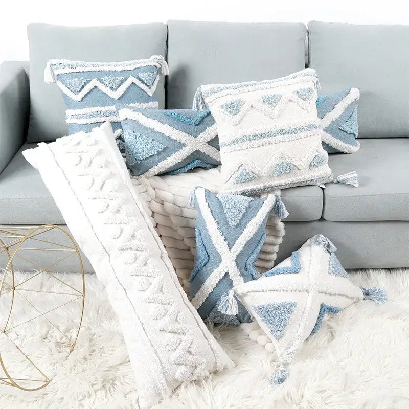 Blue and white geometric tufted pillowcase set bedroom long pillow