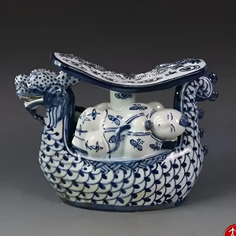 Blue and white porcelain dragon boat statue bedroom decor