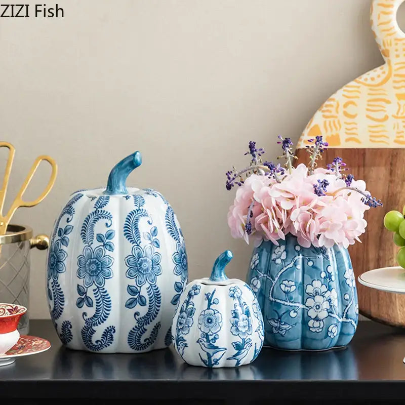 Blue and white porcelain pumpkin vase living room floral decor