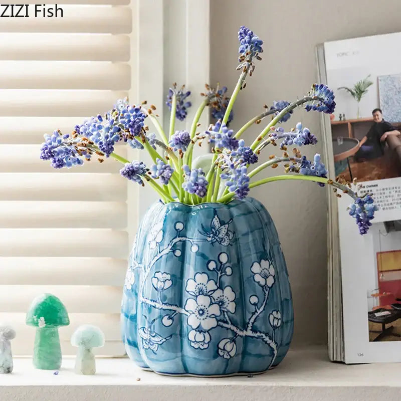 Blue and white porcelain pumpkin vase living room floral decor