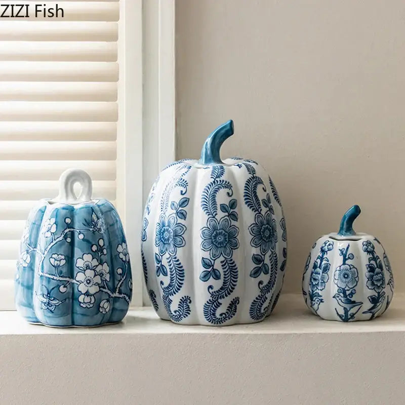 Blue and white porcelain pumpkin vase living room floral decor