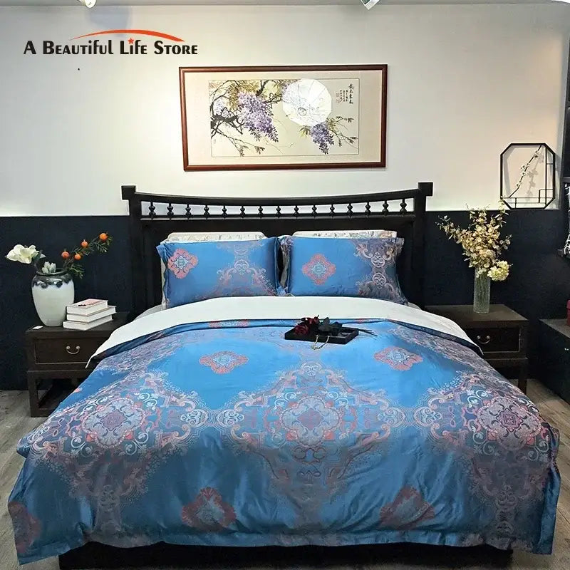 Blue floral satin jacquard duvet cover set bedroom bedding