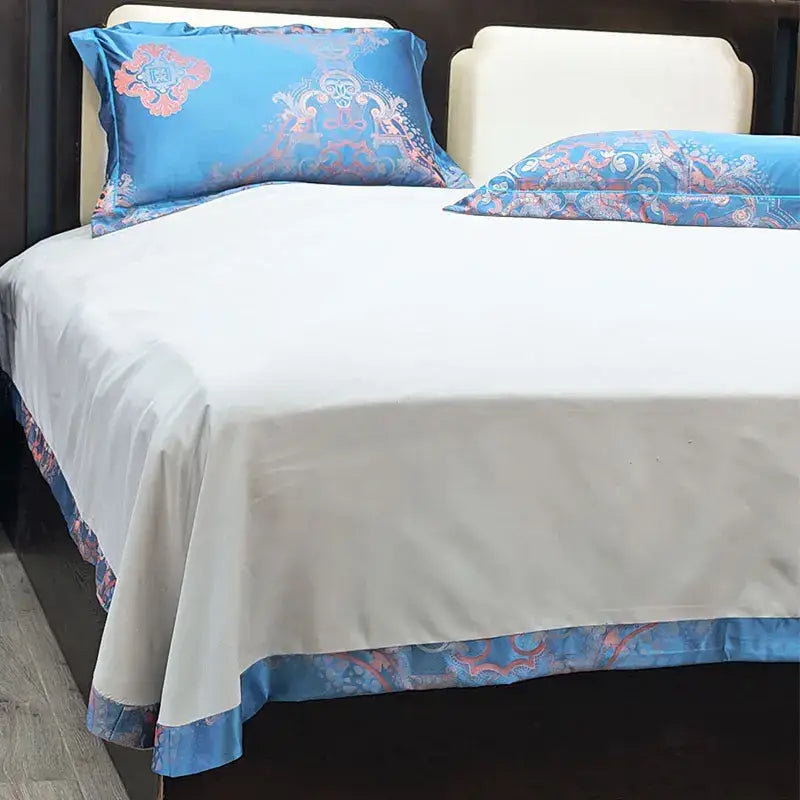 Blue floral satin jacquard duvet cover set bedroom bedding