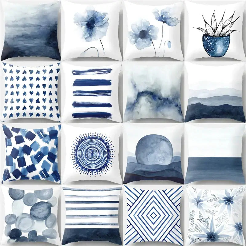 Blue ink flower cushion cover set living room watercolor decor
