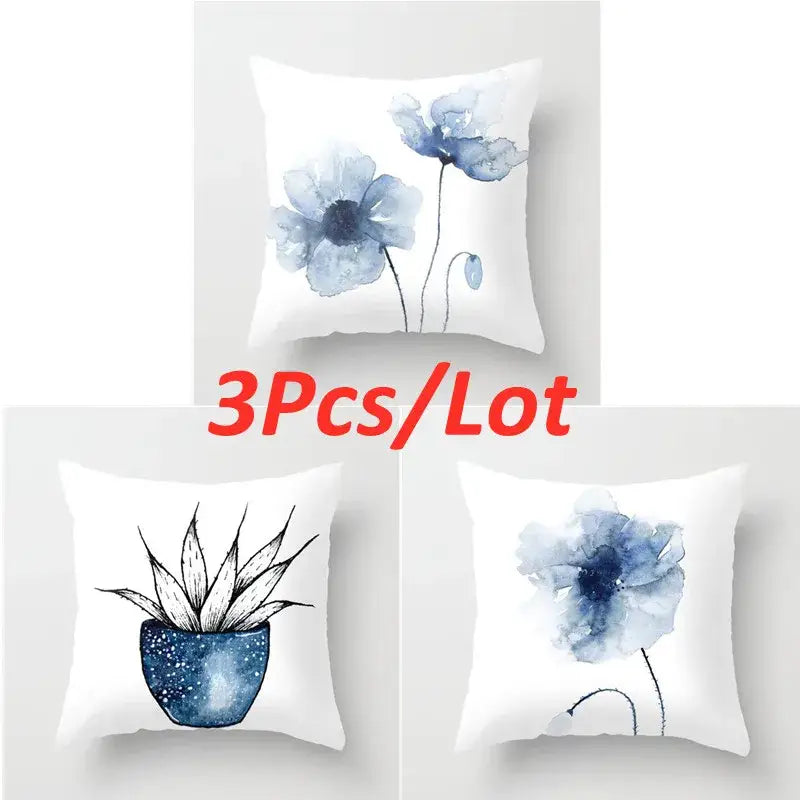 Blue ink flower cushion cover set living room watercolor decor