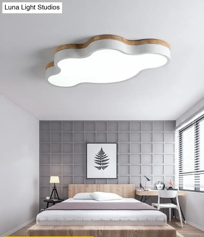 Blue & natural wood cloud flush mount ceiling lamp for kids bedroom