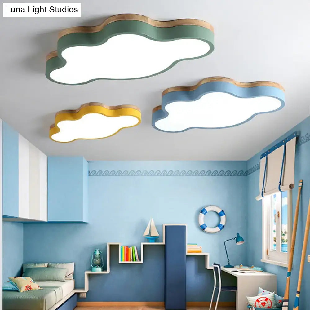 Blue & natural wood cloud flush mount ceiling lamp for kids bedroom